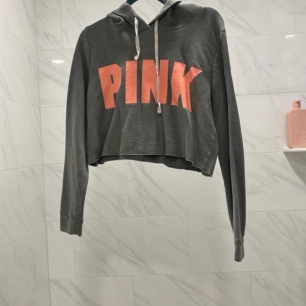 Grey pink crop top hoodie